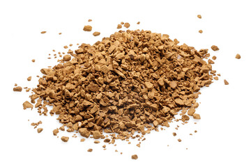 Heap of instant coffee granules isolated on white background and texture, close-up.