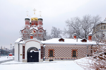 Moscow, Russia , Znamensky Cathedral of the former Znamensky men`s Monastery in the snow. View from the territory of Zaryadye