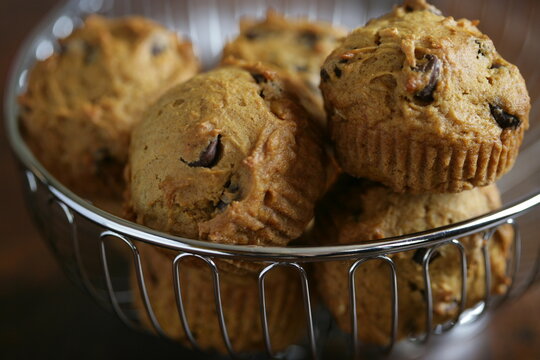 Chocolate Chip Muffins in a metal basket