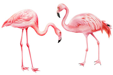 Tropical birds, pink flamingo on an isolated white background, watercolor illustration