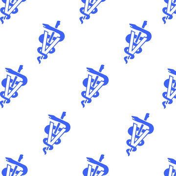 Blue Veterinary Caduceus Symbol Seamless Pattern. Vector Illustration.