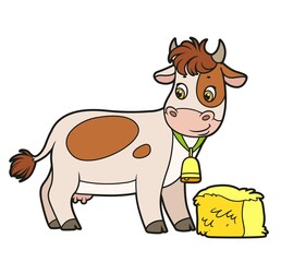 Cute cartoon cow and hay color variation for coloring book on white background