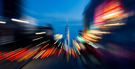 Abstract blurred lights of the New York City night skyline at Chelsea Piers in Manhattan