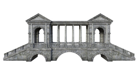 3D illustration of an old grey stone bridge with roof covering, arched windows and columns isolated on a white background.