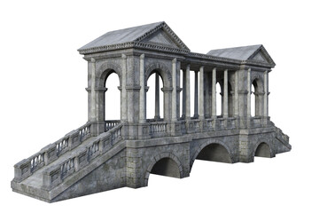 Perspective view 3D illustration of an old grey stone bridge with roof covering, arched windows and columns isolated on a white background.