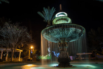 The fountain in waterfront park in St Marys, Georgia at night