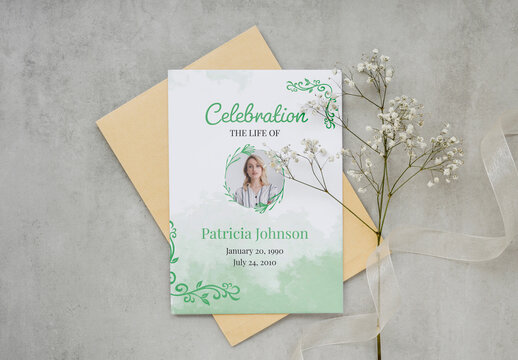 Modern Simple Funeral Program Memorial Service Obituary Layout With Green Filigree