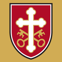 Christian cross badge or logo design with crossed keys.
Vector illustration of ornate cross on shield design featuring the crossed keys of St. Peter.