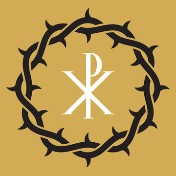 Crown or wreath of thorns with Christ symbol.
Vector illustration of interlocking entwined circle of thorn branches with symbol for Jesus Christ in the center.