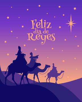 Tarjeta de felicitación de Reyes Magos. Tres reyes siguiendo la estrella.