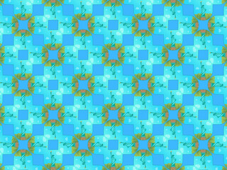 Modern and sophisticated geometric pattern with the Statue of Liberty. Kaleidoscopic print for wallpapers, wrapping paper, stationery. Repeating textile pattern in blue and green colors.