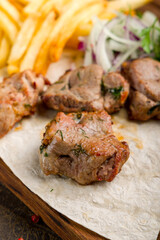 Kebab of pork with french fries, red onion and tomato sauce on the board close up vertical