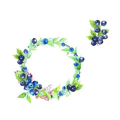 Watercolor round frame with branches of blueberrys. Hand drawn berries. Organic food, healthy food.