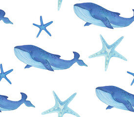 Watercolor with whales and seashells pattern. Hand painted animal texture on white background.