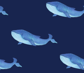 Watercolor print with whales. Hand-painted realistic underwater animal art