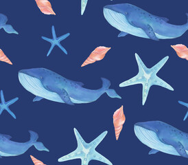 Naklejka premium Watercolor with blue whales and seashells pattern. Hand painted animal texture