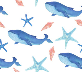 Fototapeta premium Watercolor with whales and seashells pattern. Hand painted animal texture on white background.