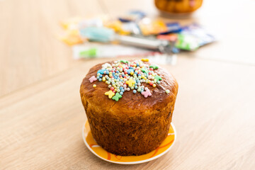 Homemade Easter cake with with traditional decoration , Easter recipe