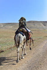 Bedouin guide ride on camel through sandy rocky desert. Bedouin camel in a harness with a multi-colored carpet on it against the mountains of the Judean Desert. Bedouin on camel, Israel