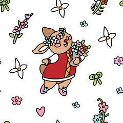 Vector seamless pattern with cute easter bunnies, colored eggs, flowers, and sweets. Bright stylish easter illustration with holiday symbols isolated on white background.