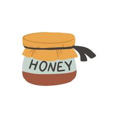 Cute cartoon jar of honey. Sweet treat in pot. Vector illustration in flat style. Isolated illustration on white background