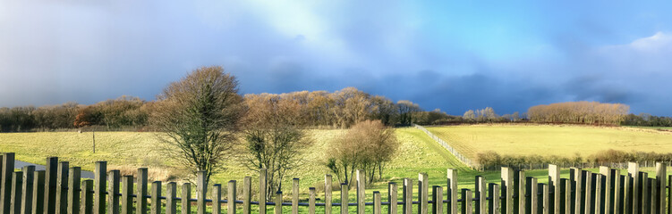 Panorama of the beautiful picturesque English countryside, winter scene with grass, bare trees, a fence and a colorful blue sky, with space for text. - 478400943