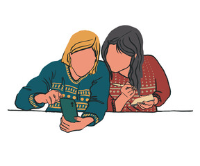 Two girls are working at a table. One woman show something on smartphone and other woman writing note. Business Concept of coworking and job relationship. Isolated flat Vector illustration