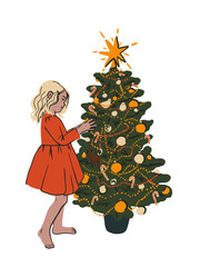 Cute child Decorating Christmas tree with ornaments. Young girl in princess dress. Christmas or New year celebration concept. Holiday greeting card. Flat vector illustration, for card, posters, web