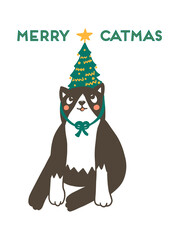 Cute cat with hat shaped as christmas tree and lettering Catmas. Xmas and new year holidays vector illustration for sublimation printing, t shirt, cards, mug design