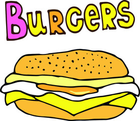 Vector hand drawn burgers and snacks objects, drawn fast food elements, street food, lettering burger, cheeseburger, colored doodle, burger with egg