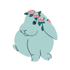 Cute Easter bunny. Holiday rabbit with flower on head. Spring vector illustration for greeting card, posters, sticker, sublimatiom printing on t shirt, mug, dish towel and more