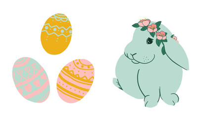 Cute Easter bunny. Holiday rabbit with flower on head. Spring vector illustration for greeting card, posters, sticker, sublimatiom printing on t shirt, mug, dish towel and more