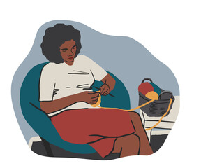 Happy black pregnant woman knitting at chair. Hobby courses or workshops for learning knitting. Stay home activity, quarantine and mental health concept. Flat vector sketching illustration.