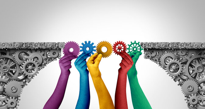 Business meeting idea and planning with strategy as a corporate concept with a mechanical wheel bridge as diverse multiracial businesspeople joining together as a symbol for people diversity.
