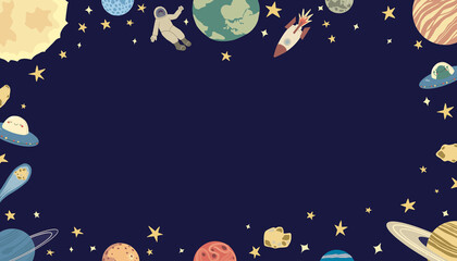 Fototapeta premium Cute planets frame. Vector solar system background illustration.