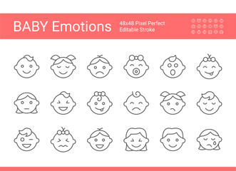 Vector icon set of baby's emotions. Editable vector stroke. 48x48 Pixel perfect.