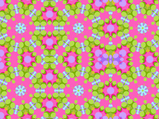 Modern geometric pattern in purple, magenta, green colors. Bright positive spring kaleidoscopic print for fabric design, wrapping paper, stationery. Repeating textile pattern with geometric flowers.