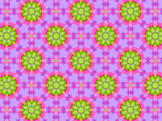Fototapeta na wymiar Modern geometric pattern in purple, magenta, green colors. Bright positive spring kaleidoscopic print for fabric design, wrapping paper, stationery. Repeating textile pattern with geometric flowers.