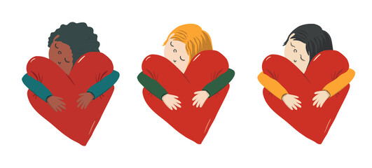 Set of different races kids: girl or boy are hugging a soft heart. Vector childish illustration for Happy Valentines day. Card for greetings card, posters, logo, sublimation printing on t shirt or mug