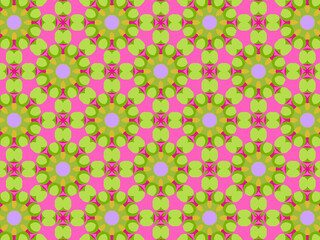 Modern geometric pattern in purple, magenta, green colors. Bright positive spring kaleidoscopic print for fabric design, wrapping paper, stationery. Repeating textile pattern with geometric flowers.