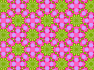 Modern geometric pattern in purple, magenta, green colors. Bright positive spring kaleidoscopic print for fabric design, wrapping paper, stationery. Repeating textile pattern with geometric flowers.