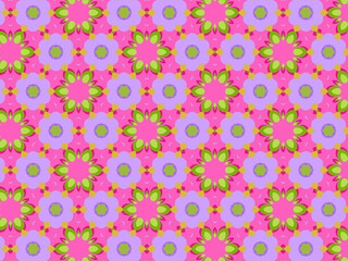 Fototapeta na wymiar Modern geometric pattern in purple, magenta, green colors. Bright positive spring kaleidoscopic print for fabric design, wrapping paper, stationery. Repeating textile pattern with geometric flowers.