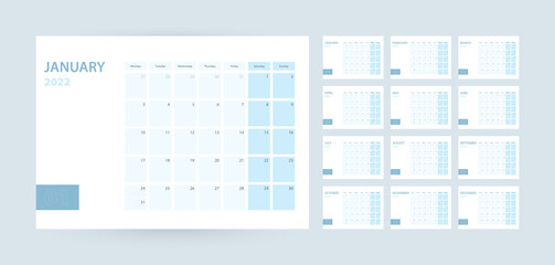 Monthly calendar template for the year 2022, the week starts on Monday. The calendar is in a blue color scheme.