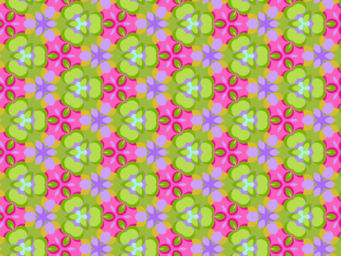 Modern geometric pattern in purple, magenta, green colors. Bright positive spring kaleidoscopic print for fabric design, wrapping paper, stationery. Repeating textile pattern with geometric flowers.