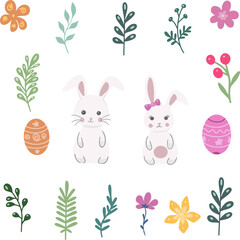 Set of easter illustrations of hare eggs and plants
