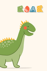 Cute cartoon dinosaur with quote Roar. Flat childish dino with lettering for happy birthday party. Perfect for birthday greeting card, sublimation printing on t shirt, mug, poster