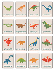 Cute cartoon dinosaurs learning cards. Flat Illustrations prehistoric lizard for kids education. Childish poster with Jurassic reptiles. Vector characters dino isolated on white background. © Annetc