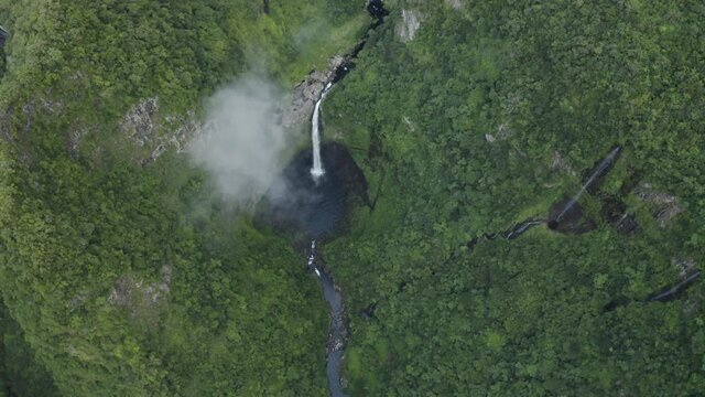 Aerial view of Cascada de L'arc en Ciel, a beautiful waterfall on Canton de Saint Benoit, Reunion.