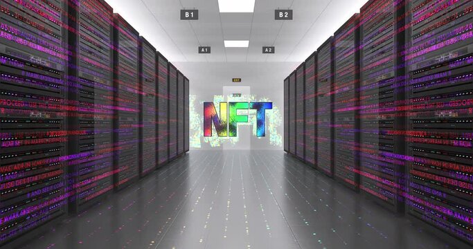 Crypto Art NFT Symbol In Futuristic Modern Datacenter. NFT Technology Art Related 4K 3D Concept.