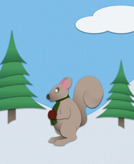 Bundled up squirrel in a scarf enjoying the winter weather